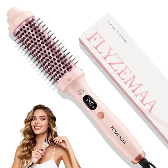 FLYZEMAA Thermal Brush, 3-in-1 Heated Round Brush for Straightening & Curling, 1.5-inch Ceramic Barrel, Dual Voltage, Pink