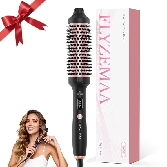 FLYZEMAA Thermal Brush, 1.5 Inch Curling Iron for Long Dry Hair, Heated Round Brush Straightener