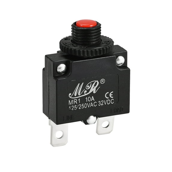 Thermal Circuit Breaker 10A Push Button Reset Overload Protector 125/250V AC 32V DC Quick Connect Terminal