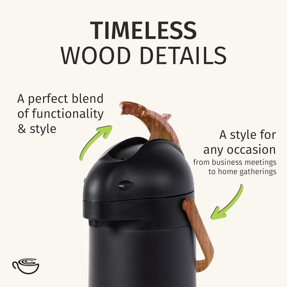 Thermal Coffee Carafe 102oz with Wood Trim, Double-Wall Vacuum Insulated Stainless Steel Airpot for Hot & Cold Drinks, One-Handed Pump Dispenser for Office Home Party