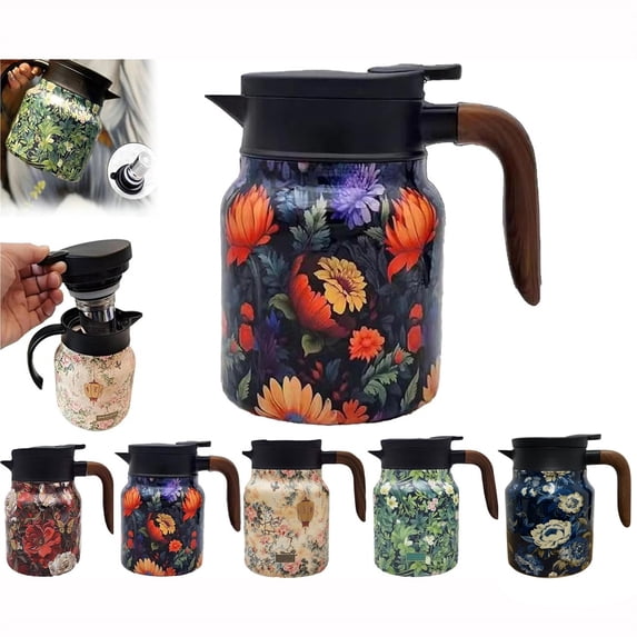 Thermal Coffee Carafe, 34 Oz, Wood Handle, Push-On Lid, Coffee Pot, Insulated Carafe, Kitchen Countertops, Home & Kitchen, Green Botanical, 1 Pc
