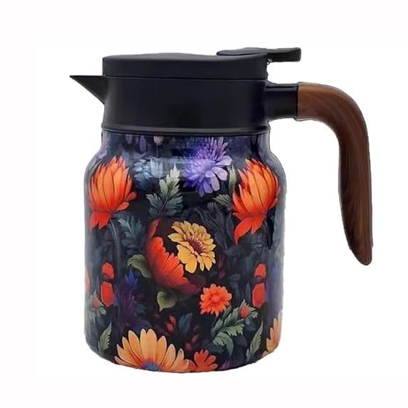 Thermal Coffee Carafe, Insulated Carafe, Coffee Pot, 1000ml, Wooden Handle, Fitted Lid, Floral Print, HomeandKitchen, Kitchen Countertops, 1 Pc