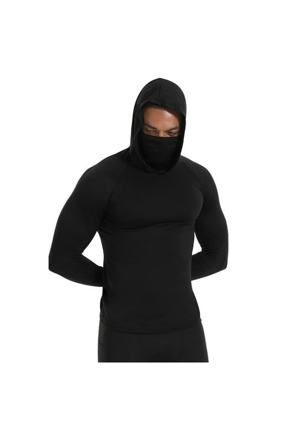 Thermal Compression Shirts Hoodie with Mask, Long Sleeve Winter Sports Base Layer Top, Active Running Shirt
