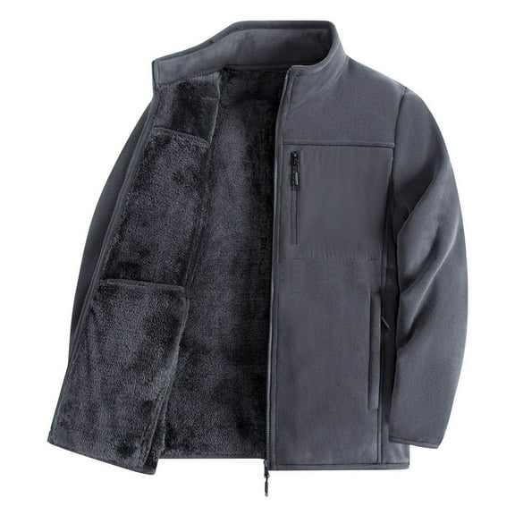Thermal Fleece Jacket for Mens Winter Windproof Outdoor Warm Coat with Thick Fleece for Cold Weather Solid Zipper Outwear A-Grey 4XL