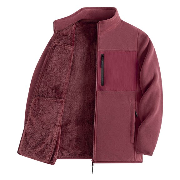 Thermal Fleece Jacket for Mens Winter Windproof Outdoor Warm Coat with Thick Fleece for Cold Weather Solid Zipper Outwear A-Red XXXL