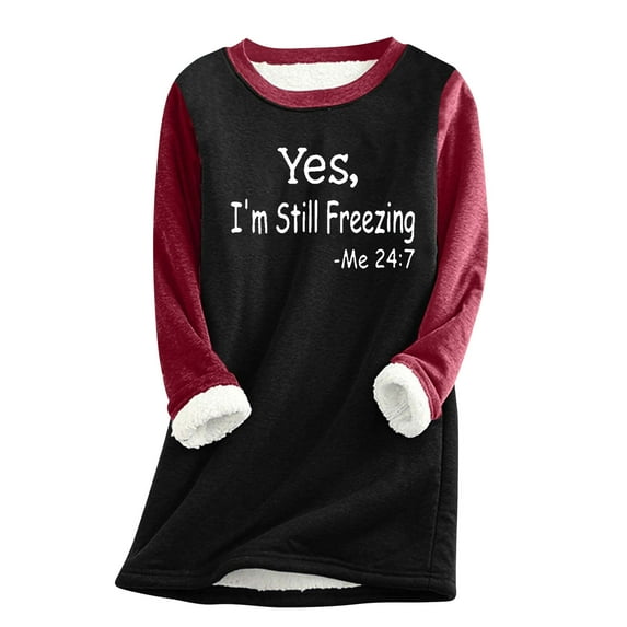 Thermal Fleece Lined Long Sleeve Sweatshirt for Women Letter Print Casual Crew Neck Winter Tops Loose Pullover Outfits(Black,L)