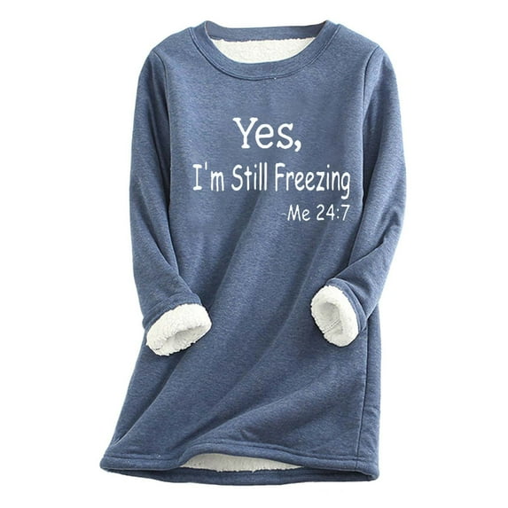 Thermal Fleece Lined Long Sleeve Sweatshirt for Women Letter Print Casual Crew Neck Winter Tops Loose Pullover Outfits(Blue,M)