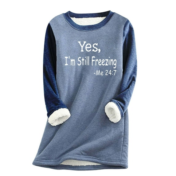 Thermal Fleece Lined Long Sleeve Sweatshirt for Women Letter Print Casual Crew Neck Winter Tops Loose Pullover Outfits(Blue,M)