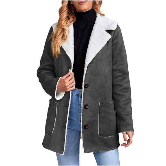 Sherpa Fleece Long Trench Coat for Women Winter Warm Notch Lapel Collar Double Breasted Overcoat Jacket Mid-length (XX-Large, Dark Gray)