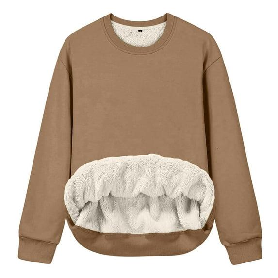Thermal Fleece Lined Sweatshirt for Women Casual Solid Color Pullover Top Hoodless Sweatshirts Coffee S
