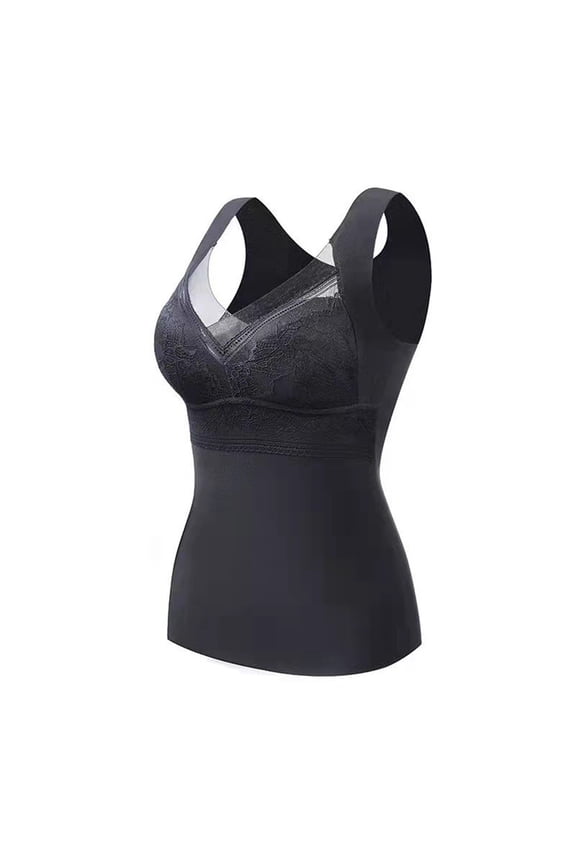 Thermal Fleece Lined Underwear Tops for Women V Neck Lace Cami Compression Tank Top Vest Warm Winter Base Layer Black 42