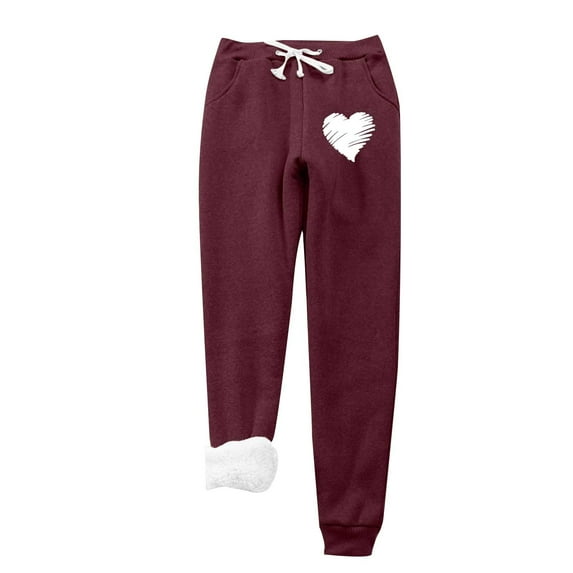 Thermal Fleece Lining Pants for Women Drawstring Elastic High Waist Cinch Bottom Joggers Thick Sherpa Warm Trousers (Large, Wine 02)