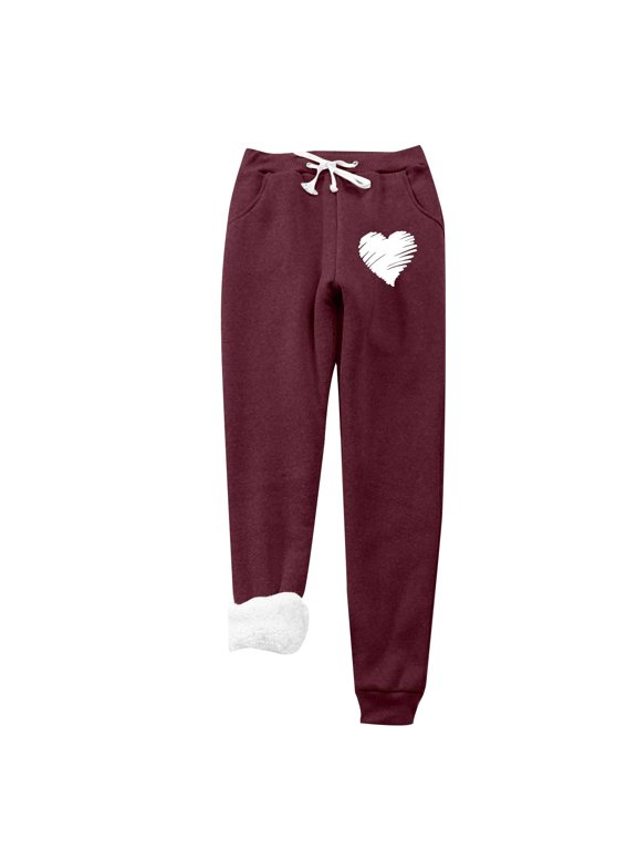 Thermal Fleece Lining Pants for Women Drawstring Elastic High Waist Cinch Bottom Joggers Thick Sherpa Warm Trousers (Medium, Wine 02)