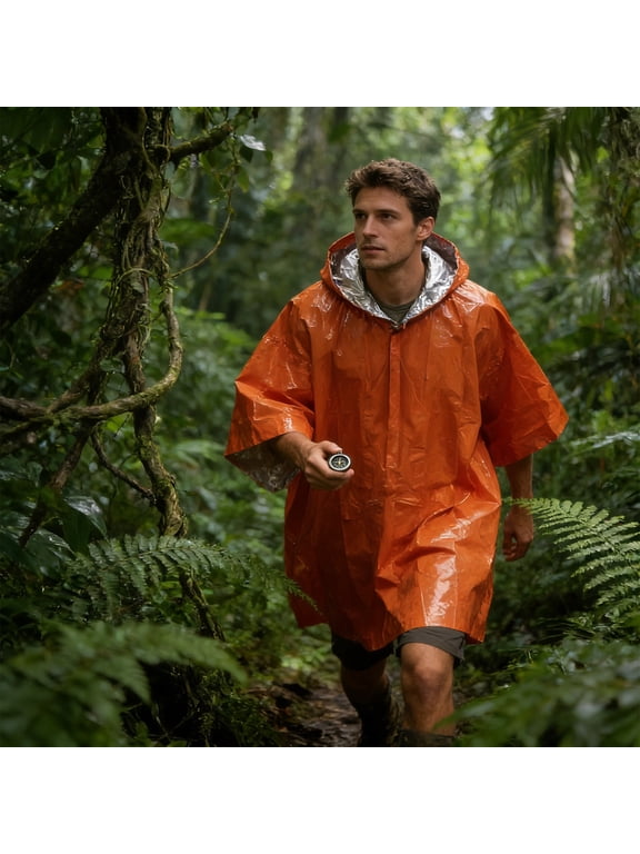 Thermal Foil Emergency Poncho, Waterproof Outdoor Rain Poncho, Compact Portable Outerwear for Camping, Hiking, Wilderness Adventure