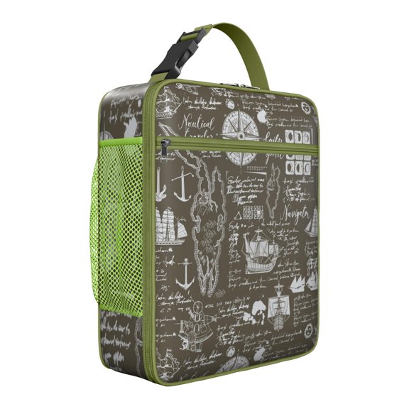 Thermal Food Container Bag with Leakproof Design, Mesh Side Pocket & Hands-Free Handle, Portable Insulated Lunch Box with Nautical Elements, Sailing, Maritime, Voyage & Ship Patterns