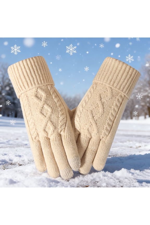 Thermal Gloves for Women Cold Weather New Women's Winter Knitted Wool Five-Finger Warm Gloves Plus Velvet and Thick Touch Screen Gloves Style B-55 Beige One Size