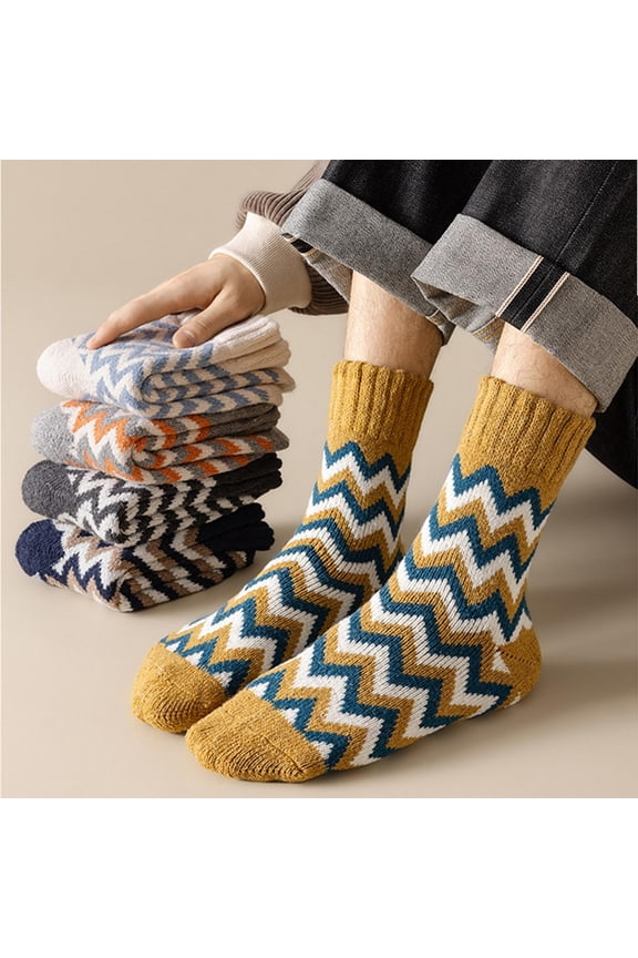 Thermal Grip Socks Extra Thick Wool Mid-Calf Winter Warm Socks Striped Knit Pattern One Size for Men Women Daily Casual Wear 6 Pairs