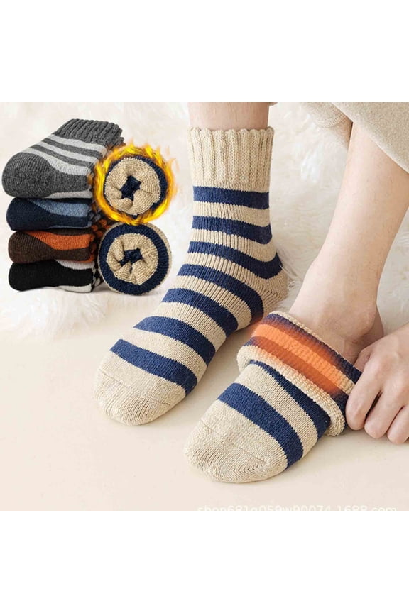 Thermal Grip Socks for Men Striped Mid-Calf Wool Blend Winter Warm Insulated Sleeping Socks Soft Fleece Lined Comfortable Thermal Footwear for Indoor Cold Days 5 Pairs