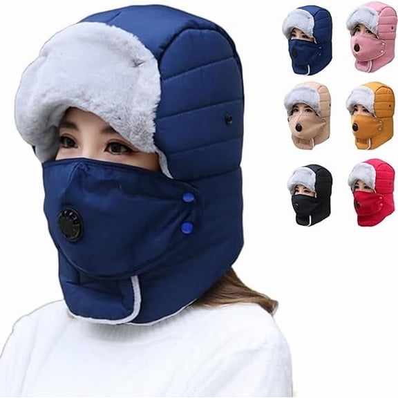Thermal Hat with Detachable Breathing-Valve Mask, 3 in 1 Winter Warm Hat for Men Women(Blue)