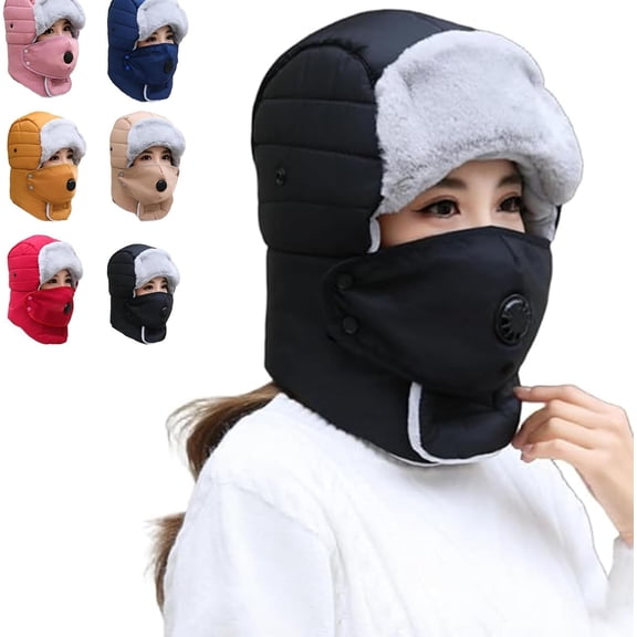 Thermal Hat with Detachable Breathing-Valve Mask, Heavy Duty Cold Weather Gear, Adjustable Fleece Pullover Cap for Men Women