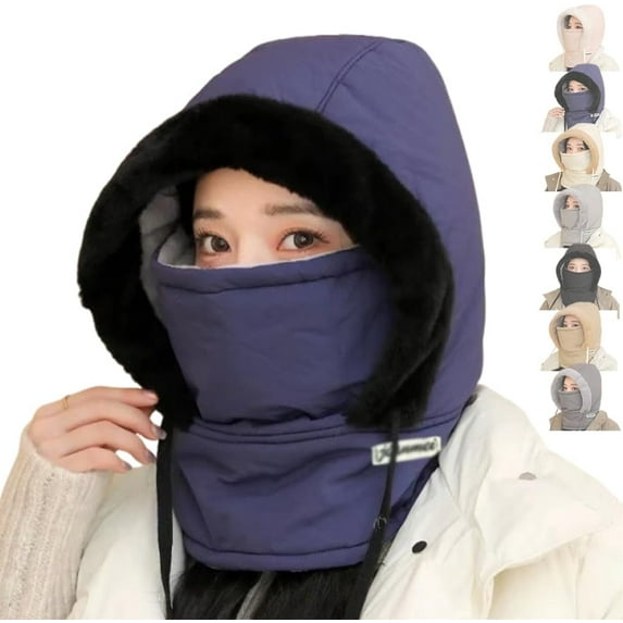 Thermal Hat with Face Mask Balaclava Men Women, Plush Fleece Winter Ski Windproof Full Face Hood