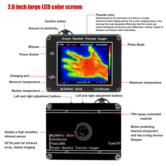 Thermal Imager,240*320 Resolution Clear -40 To 300 Display 240*320 Resolution * 32 Infrared Handheld Thermal 32 Infrared Simple 2.0inch Lcd Display 24 * 32 Resolution Clear Definition
