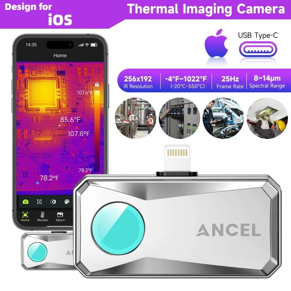 Thermal Imaging Camera for iOS, 256x192 IR Resolution Thermal Imaging Camera, 25Hz Frame Rate, 0.24W Low-Power Accurate Thermal Imager for Home HVAC Plumbing Inspection Car Diagnostic, Silver