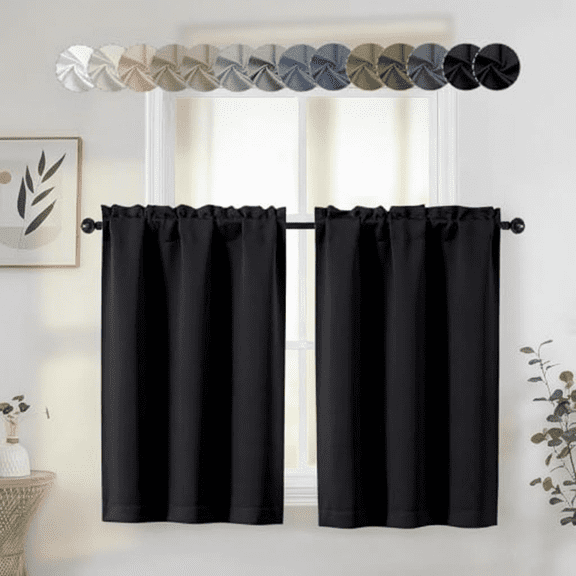 Thermal Insulated Blackout Cafe Curtains, 2 Panels Set 30x36 Inches, Room Darkening Tier Curtains for Kitchen, Bathroom, Basement Over Sink, Short Insulating Window Treatment in Black