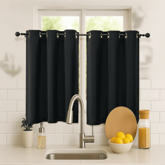 Thermal Insulated Blackout Cafe Curtains for Kitchen & Bathroom, 2 Panels Set with Grommet Top, 40 Inch Width x 36 Inch Length per Panel, Half Window Privacy Drapes in Solid Black