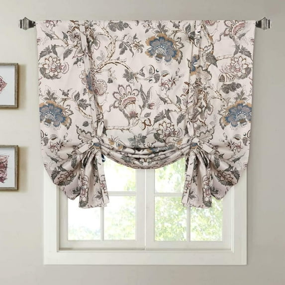 Thermal Insulated Blackout Curtain Adjustable Kitchen Tie Up Curtains Rod Pocket Panel in Vintage Floral Pattern