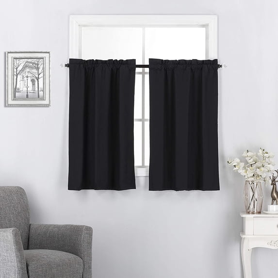 Thermal Insulated Blackout Energy Efficient Window Tiers for Any Small Window, 2 Pieces, 27"W x 24"L, Black