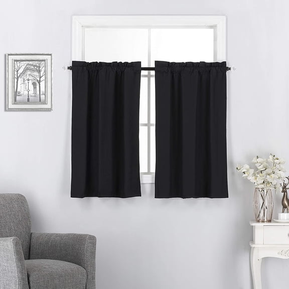 Thermal Insulated Blackout Energy Efficient Window Tiers for Any Small Window, 2 Pieces, 27"W x 24"L, Black