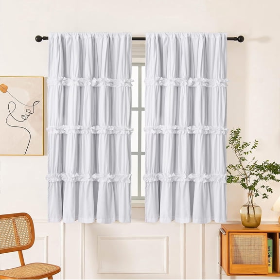 Thermal Insulated Blackout Window Curtains, 42" W x 63" L (Pair), Boho Ruched Window Treatments with 3 Rows of Butterfly Flowers, Rustic Rod Pocket Drapes for Room, White (LQ-30)