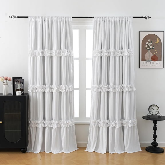 Thermal Insulated Blackout Window Curtains, Boho Ruffle Window Treatments with 3 Rows of Butterfly , Rustic Rod Pocket Drapes, 2 Panels (White, 52" W x 84" L)