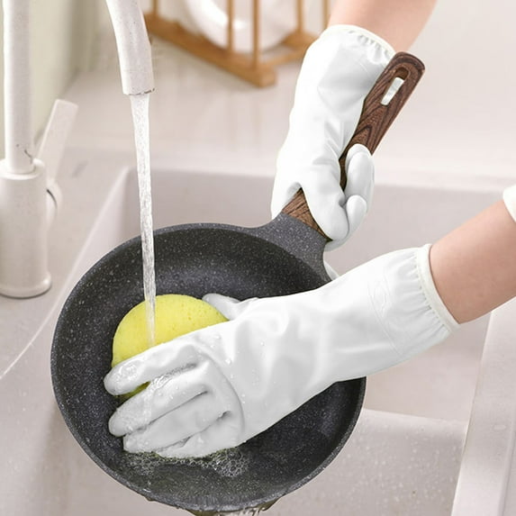 Thermal Insulated Dishwashing Gloves White - Winter Plush Lined Rubber Cleaning Gloves for Kitchen Household Chores, 30cm Long Waterproof Anti-Slip Cold & Heat Resistant PVC Gloves