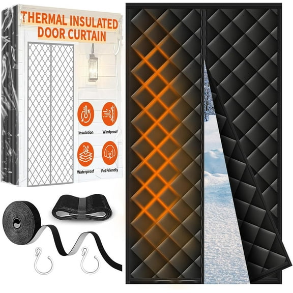 Thermal Insulated Door Curtain Fit Door Size 36" x 82", Magnetic Thermal Insulated Cover for Winter, Upgraded Oxford Fabric with Thicken Cotton Filling, Self-Closing for Sliding Glass Doorways, Black