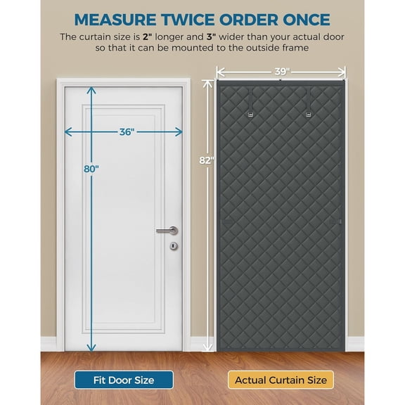 Thermal Insulated Door Curtain Fits Door Size 36 x 80 Inch, Oxford Cloth Thicken Cotton Filled, Curtain Size 39" x 82", Single Piece Door Insulation Blanket Cover for Cold in Winter, Grey