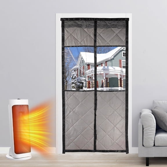 Thermal Insulated Door Curtain, Self-Sealing Windproof Divider for Winter Summer with Large Clear Window, Automatic Closing Screen Cover for Front/Back Doors