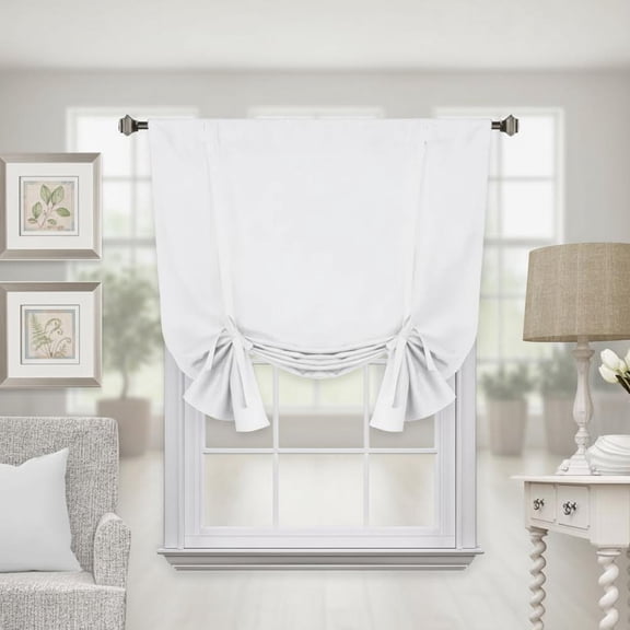 Thermal Insulated Light Blocking Curtains for Bathroom, Pure White Tie Up Window Shade with Rod Pocket Panel - 42 Inches Wide by 63 Inches Long, Energy Efficient Room Darkening Window Treatment