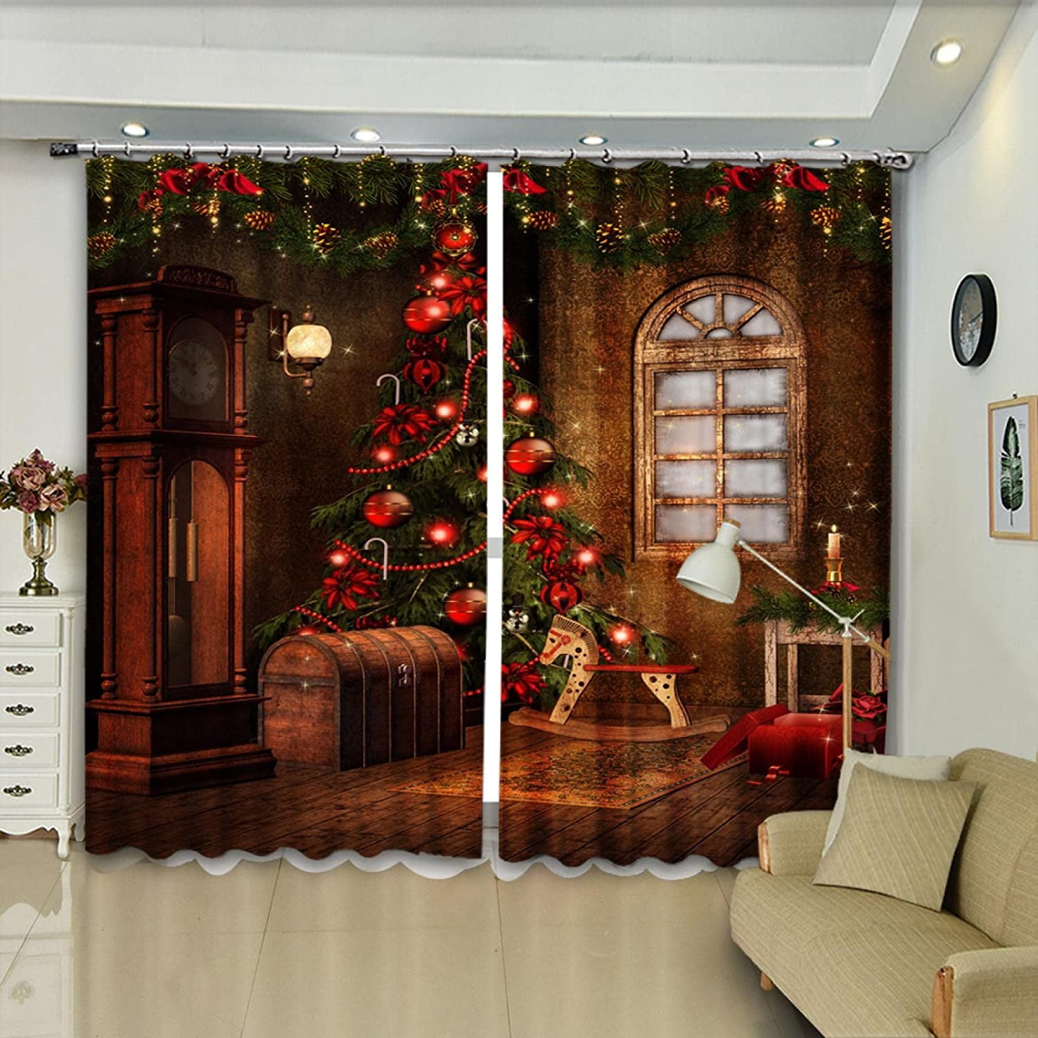 Thermal Insulated Polyester Blackout Curtain Christmas Red Plant Wooden