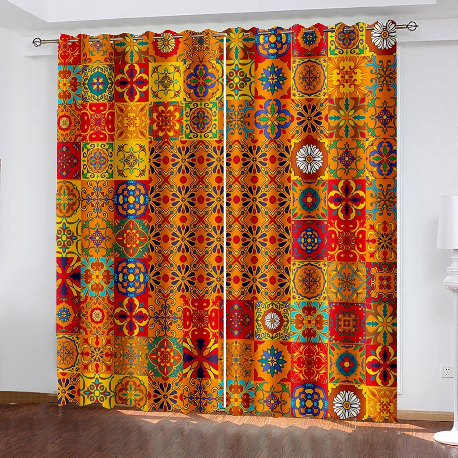 Thermal Insulated Polyester Blackout Curtain Orange Bohemian Art Opaque ...