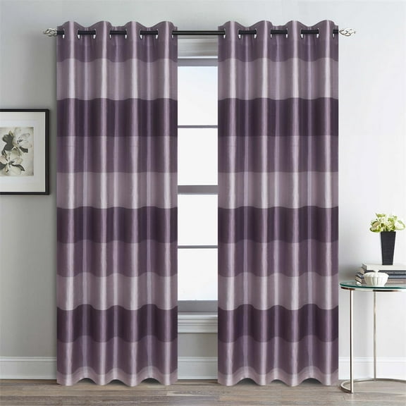 Thermal Insulated Room Darkening Curtains 2 Panel Set Purple Stripe Printed Faux Silk Drapes with Grommet Top