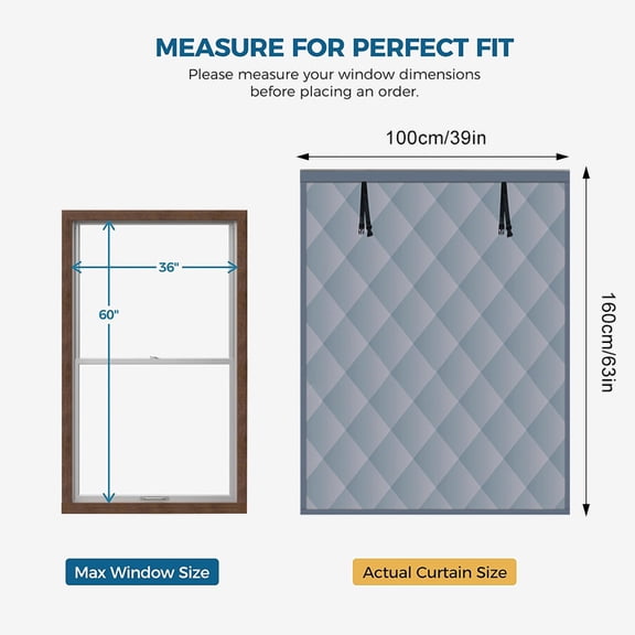 Thermal Insulated Window Curtain  36 x 61 Inch, No-Drill Oxford Fabric Winter Draft Stopper with Velcro, Thick Padded Window Cover, Full Enclosed Gray