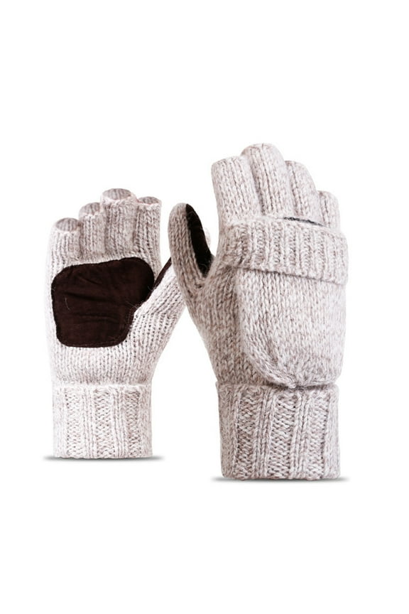 Thermal Insulation Fingerless Texting Wool Gloves for Women and Men Winter Warm Knitted Convertible Mittens Flap,Beige