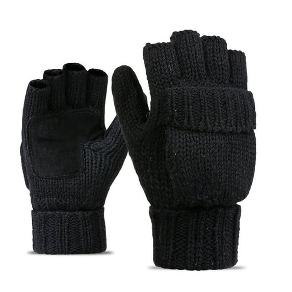 Thermal Insulation Fingerless Texting Wool Gloves for Women and Men Winter Warm Knitted Convertible Mittens Flap - Black