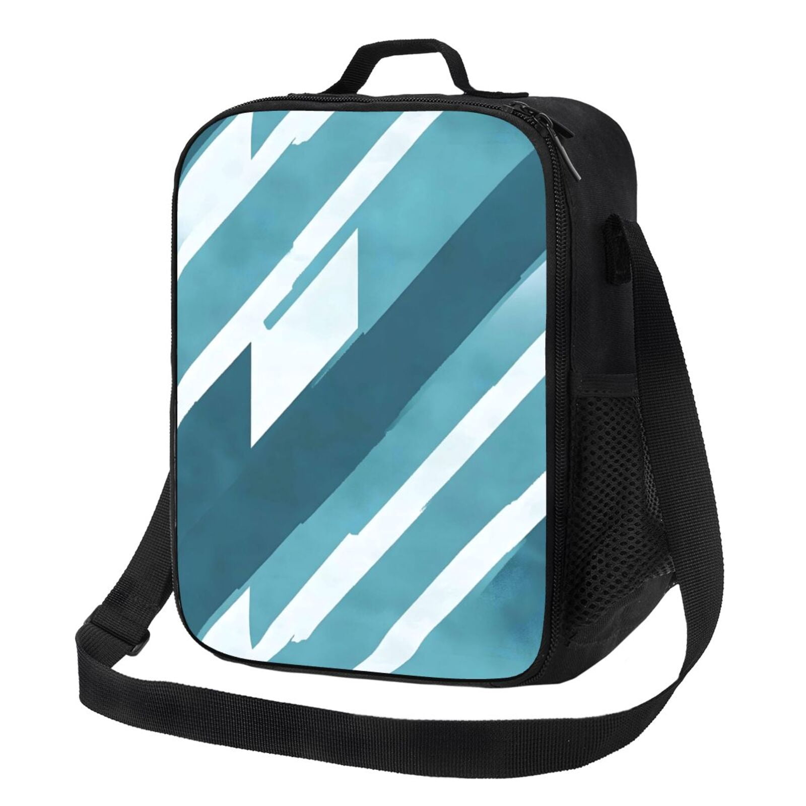 Thermal Insulation One Shoulder Portable Bento Bag Can Be Reused 8×10.5in For Carrying Drinks Bento Box Fruit Snacks Cyan Stripe_4