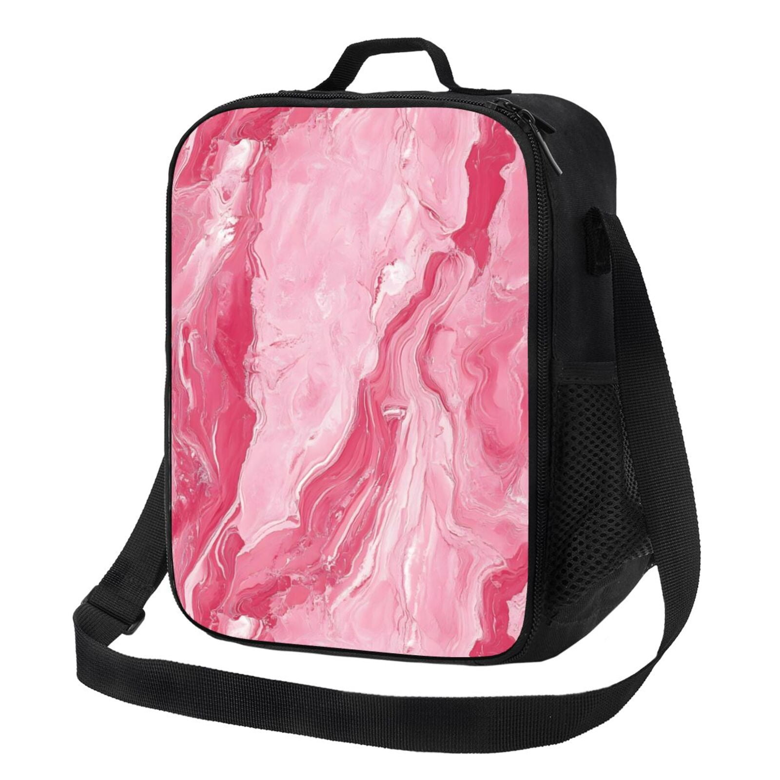 Thermal Insulation One Shoulder Portable Bento Bag Can Be Reused 8×10.5in For Carrying Drinks Bento Box Fruit Snacks Pink Marble_21256_4
