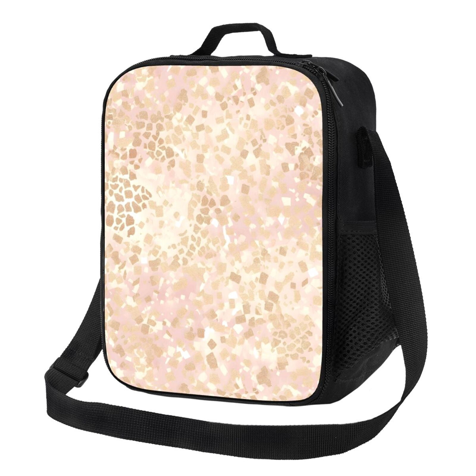 Thermal Insulation One Shoulder Portable Bento Bag Can Be Reused 8×10.5in For Carrying Drinks Bento Box Fruit Snacks Rose Gold Foil Leopard Print_12