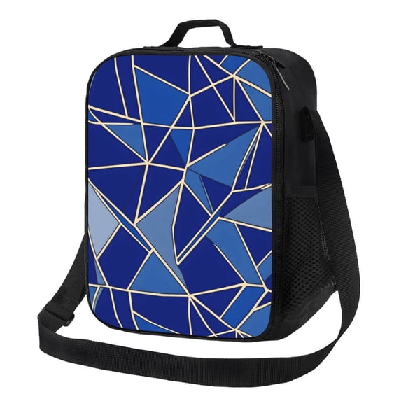 Thermal Insulation One Shoulder Portable Bento Bag Can Be Reused 8×10.5in For Carrying Drinks Bento Box Fruit Snacks Royalblue Geometric Lines_2
