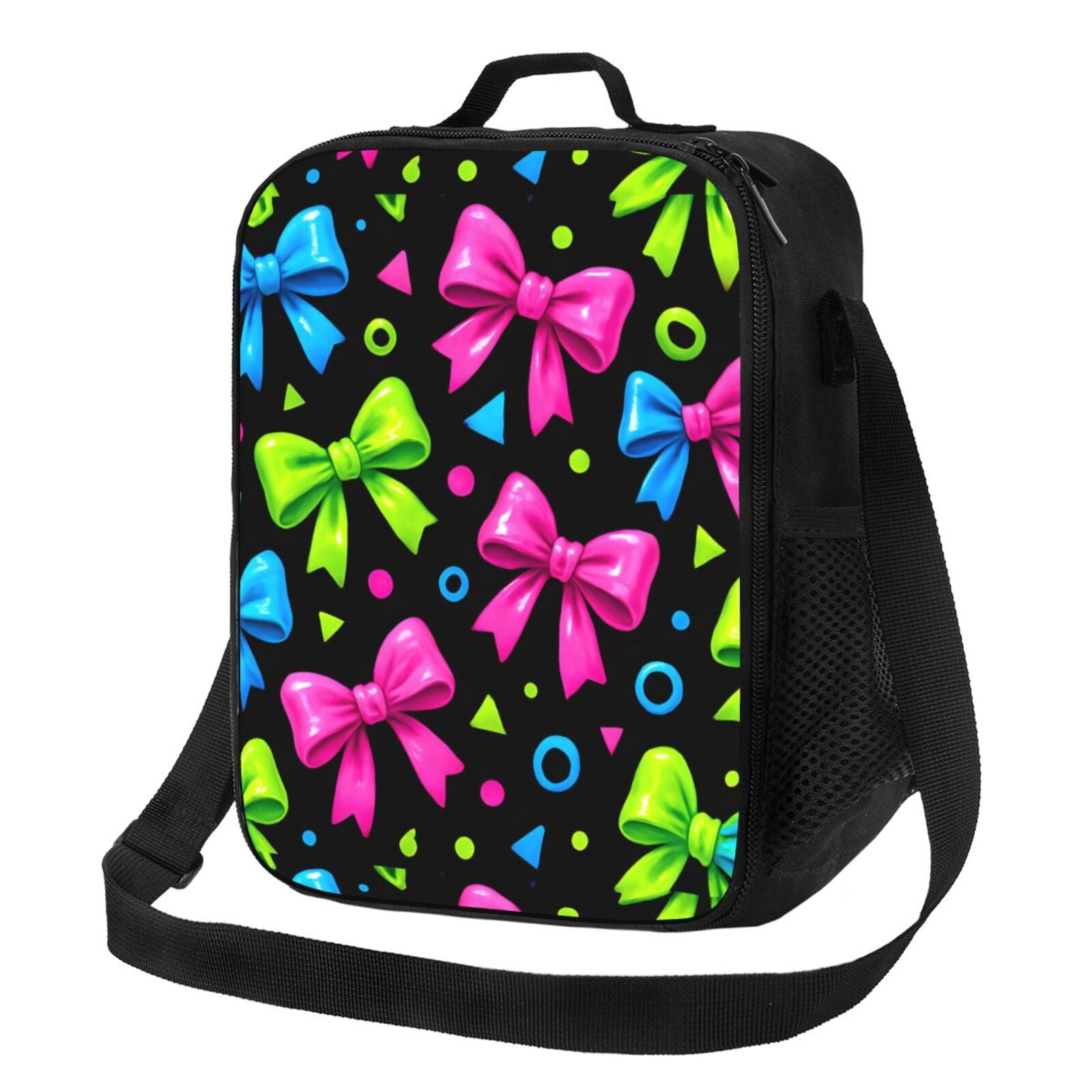 Thermal Insulation One Shoulder Portable Bento Bag Can Be Reused 8×10.5in For Carrying Drinks Bento Box Fruit Snacks Bold Neon Contemporary Ribbon Bow Pattern